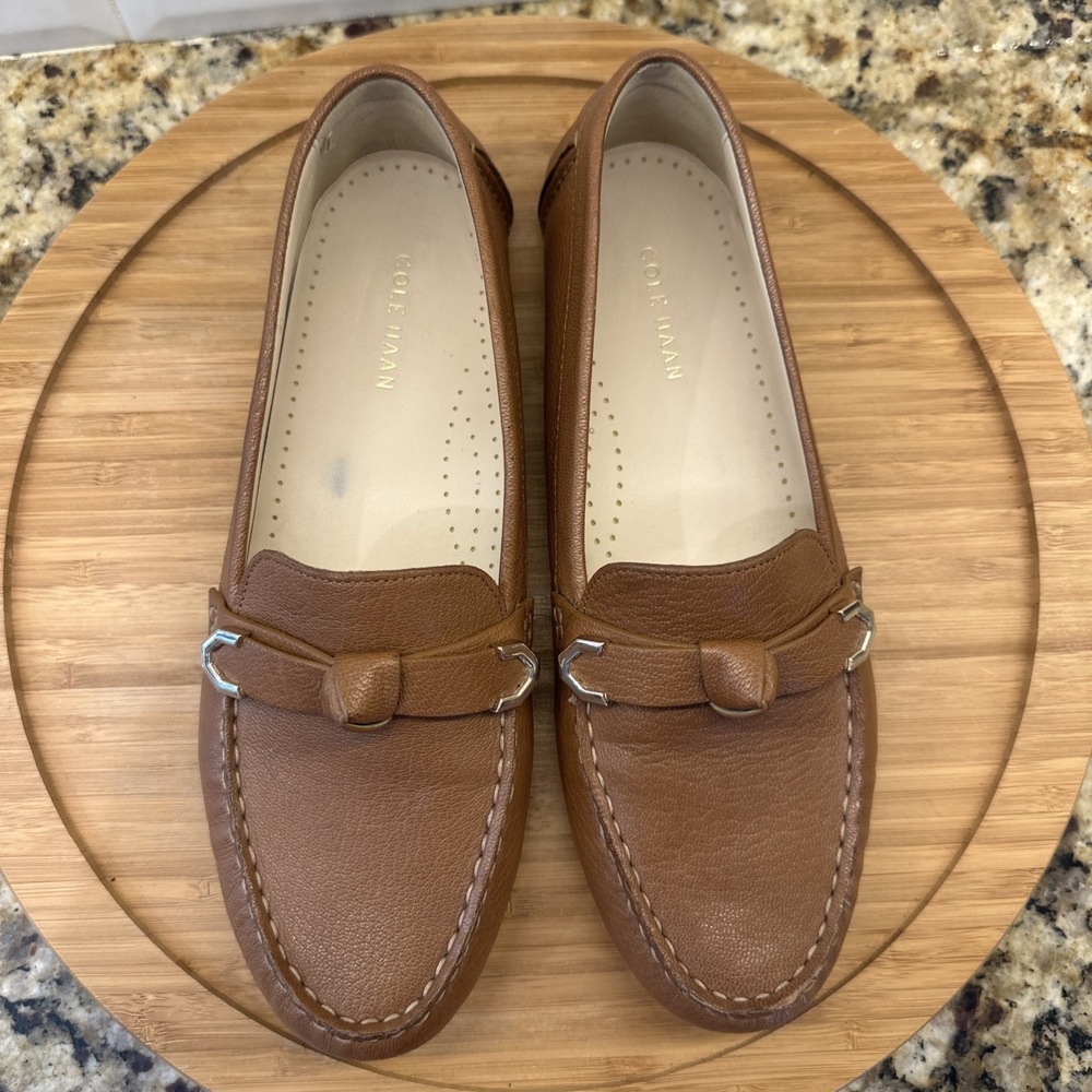 Cole Haan Evelyn Bow Driver Loafers Womens 7.5B Camel Brown Leather Old Money